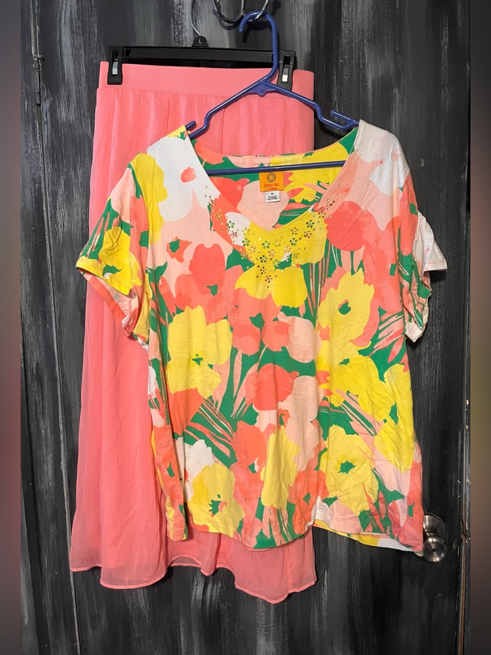 Ruby Rd. Coral, Yellow & Green Floral V-Neck Short Sleeve Top and skirt